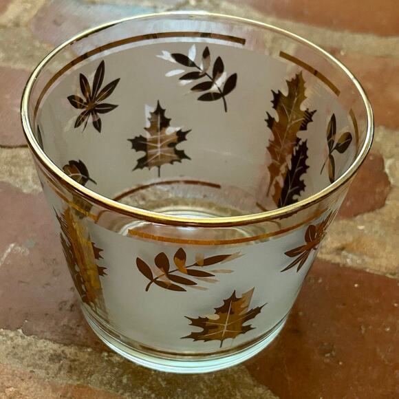 Vintage Libbey Ice Bucket Frosted Glass and Gold Leaves Mid Century Barware - Picture 3 of 5